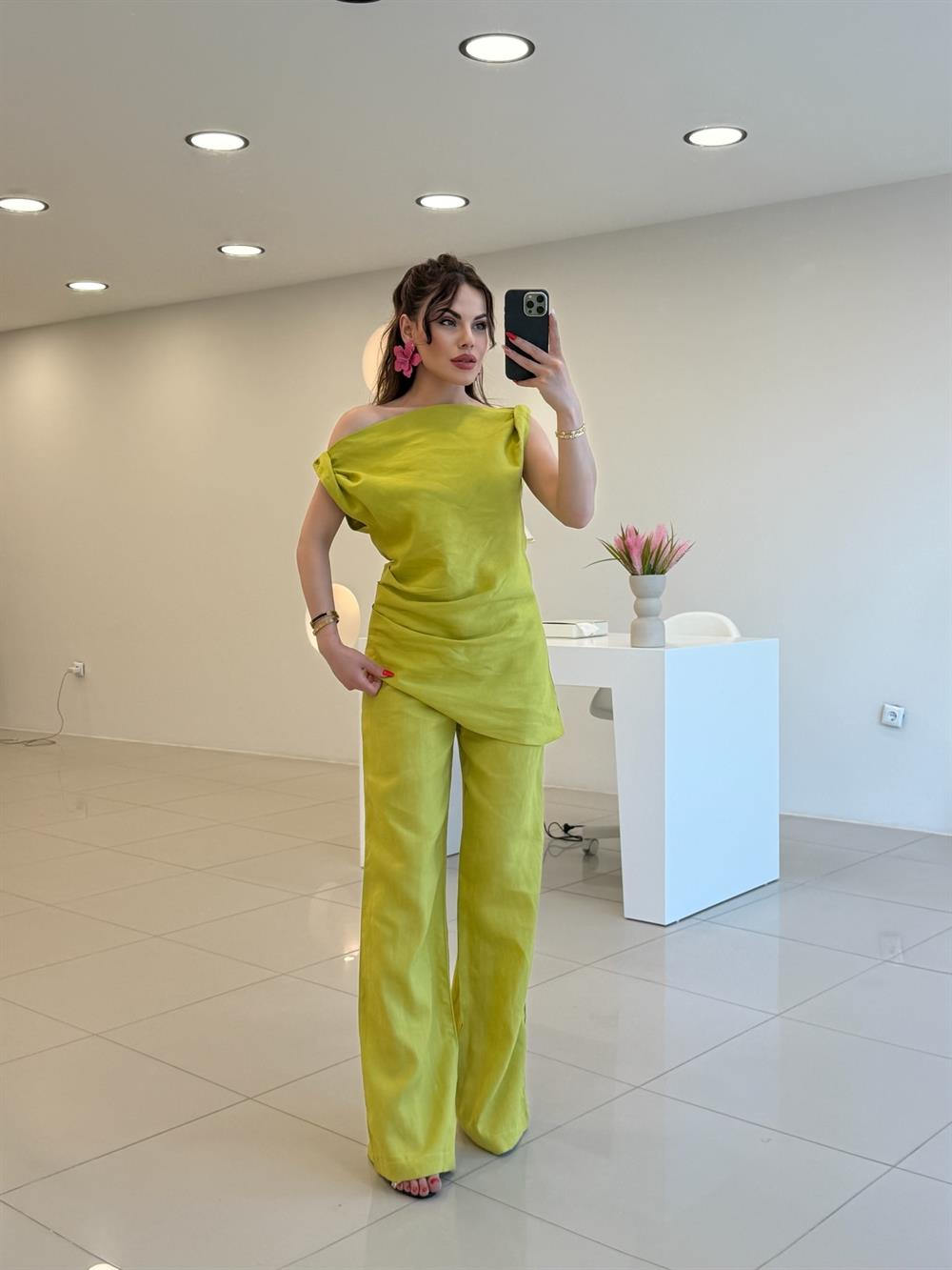 BÜZGÜLÜ KETEN İKİLİ TAKIM YEŞİL