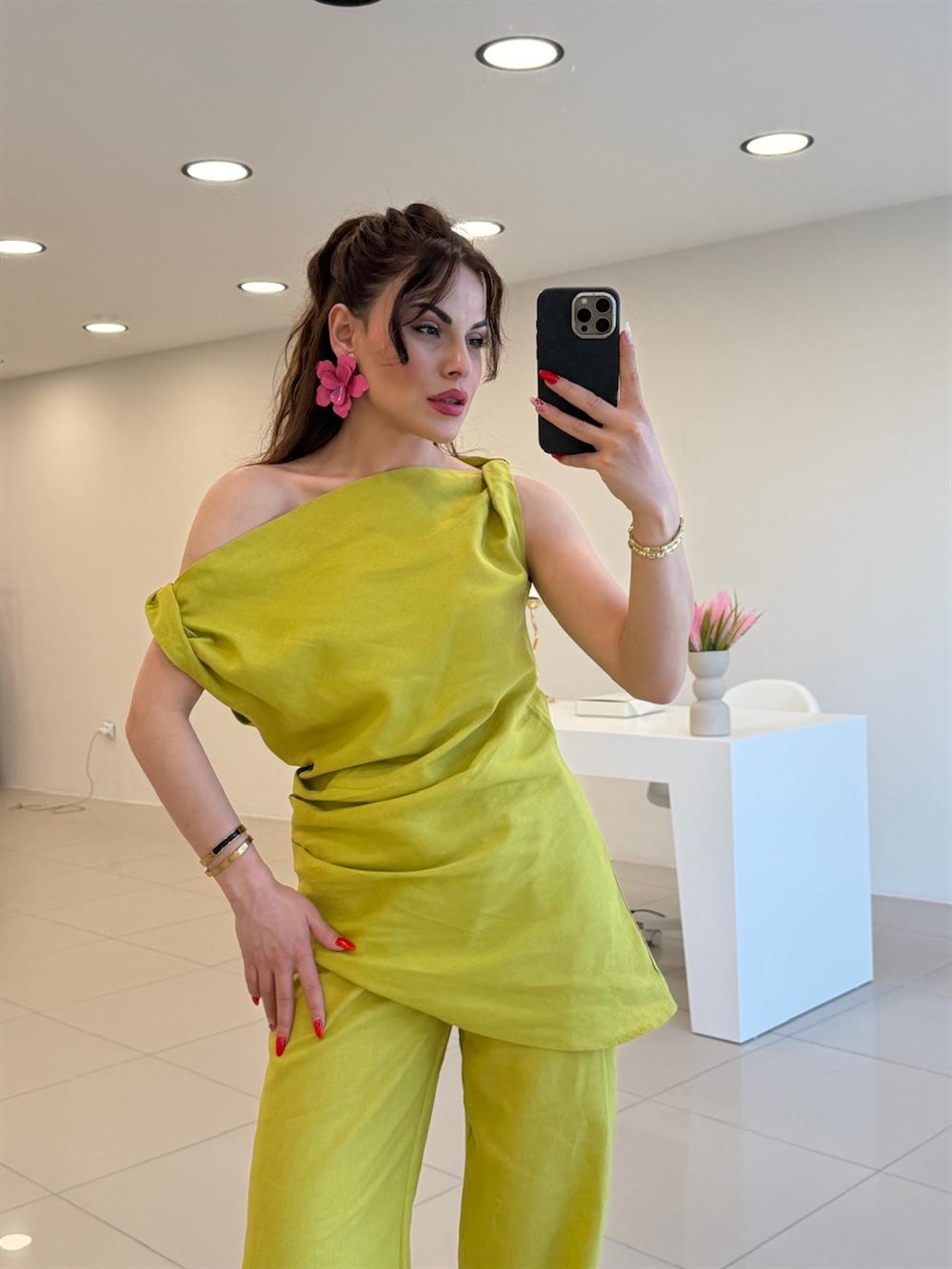 BÜZGÜLÜ KETEN İKİLİ TAKIM YEŞİL