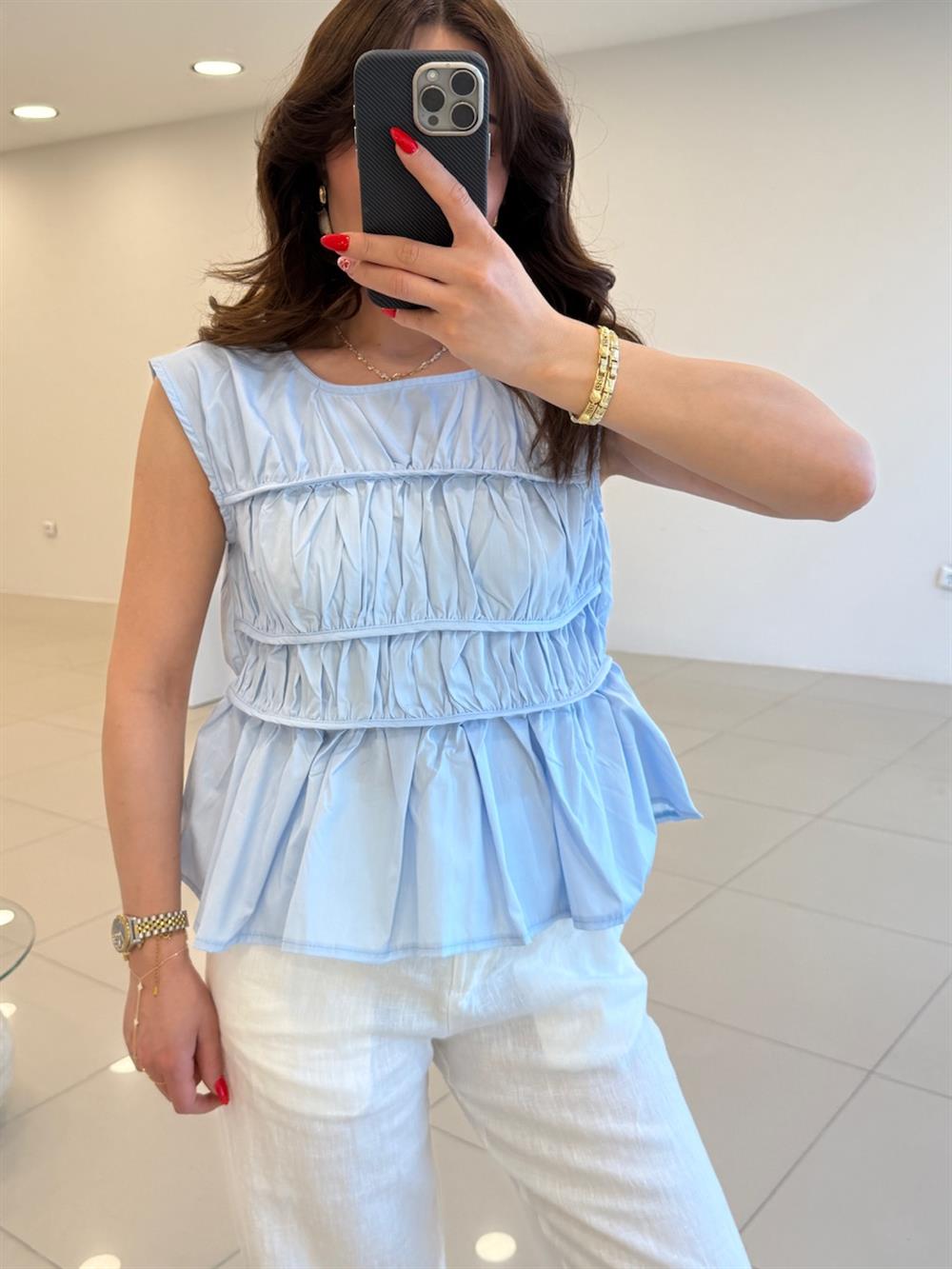 BÜZGÜLÜ TASARIM POPLİN BLUZ MAVİ