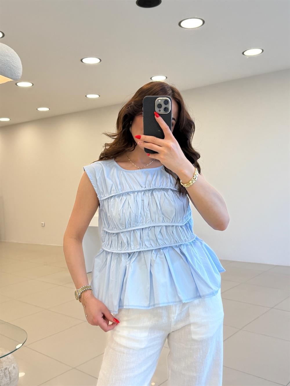 BÜZGÜLÜ TASARIM POPLİN BLUZ MAVİ
