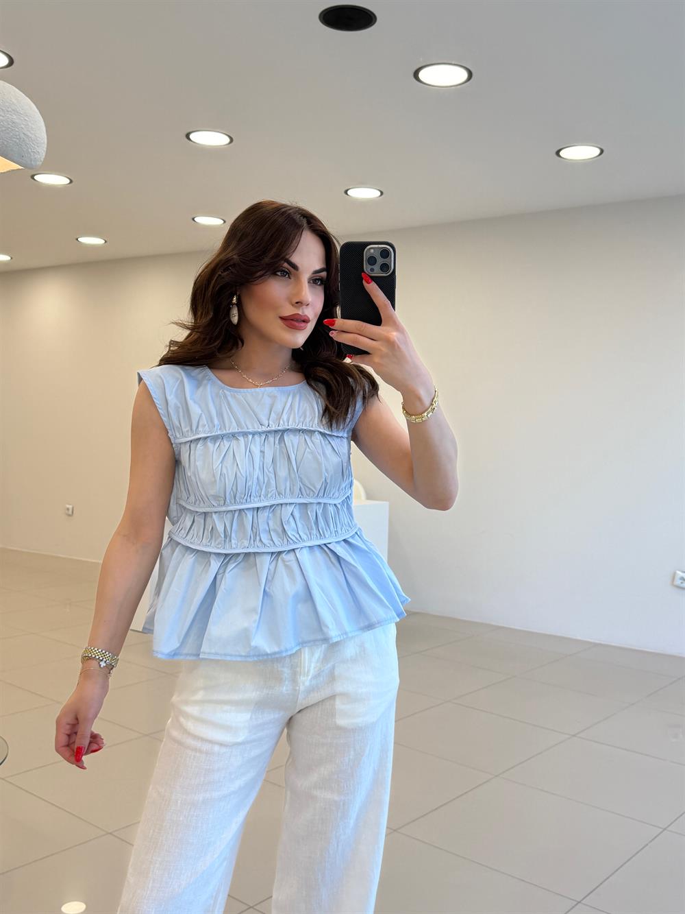 BÜZGÜLÜ TASARIM POPLİN BLUZ MAVİ