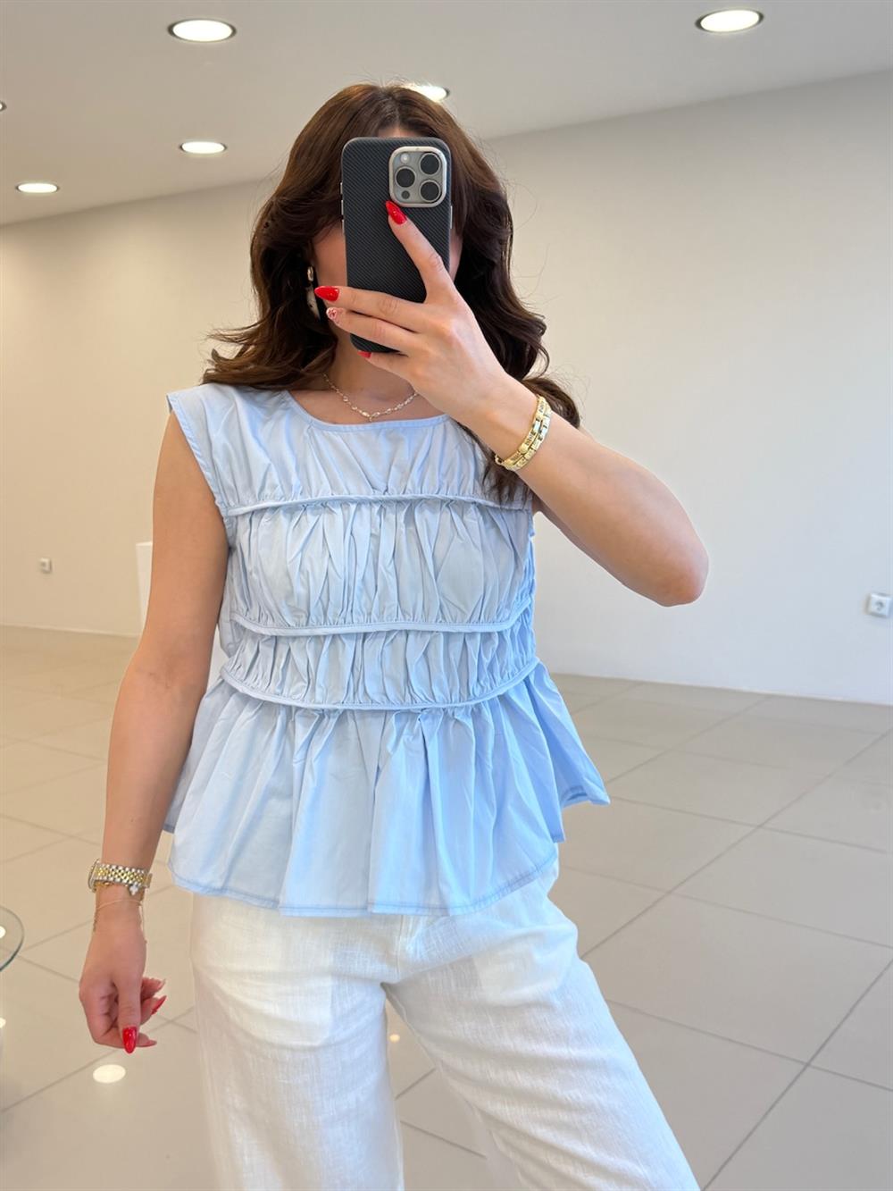 BÜZGÜLÜ TASARIM POPLİN BLUZ MAVİ