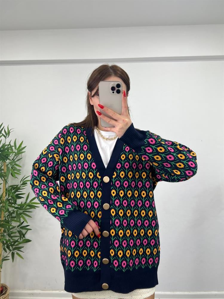 Çi̇çek Desenli̇ Hirka Laci̇vert -Oranj