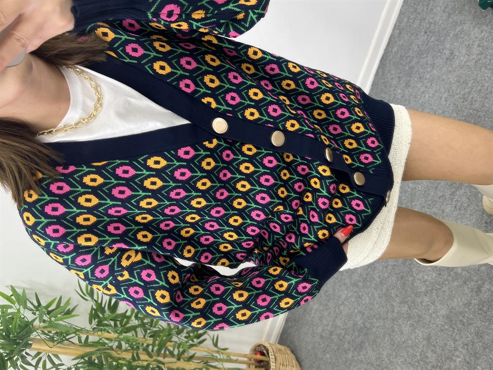 Çi̇çek Desenli̇ Hirka Laci̇vert -Oranj