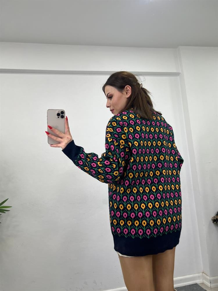 Çi̇çek Desenli̇ Hirka Laci̇vert -Oranj