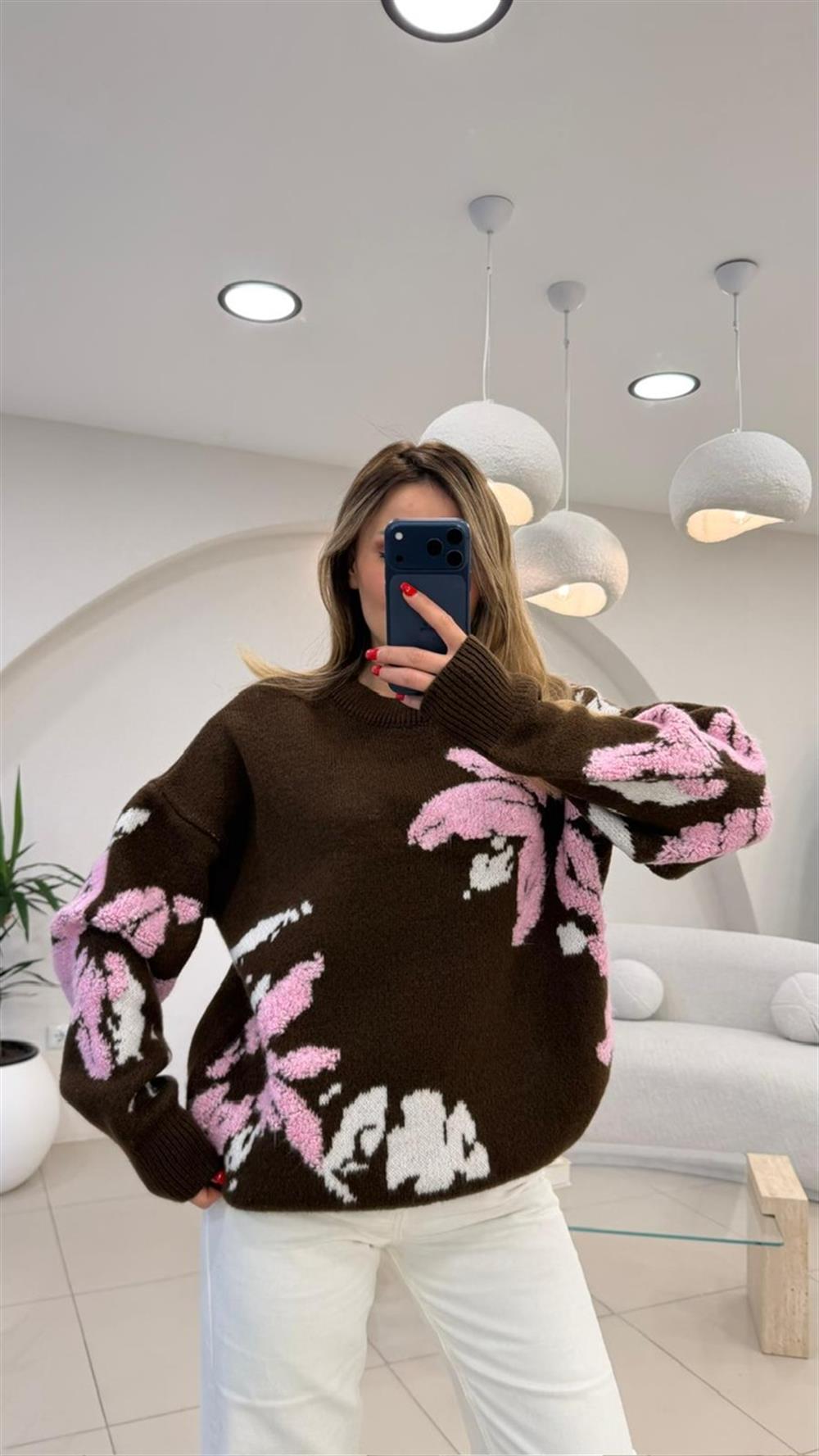 ÇİÇEK DESENLİ SÜZENELİ KAZAK GRİ