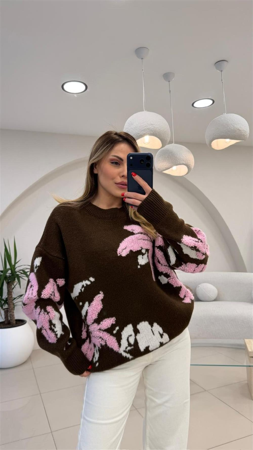 ÇİÇEK DESENLİ SÜZENELİ KAZAK GRİ