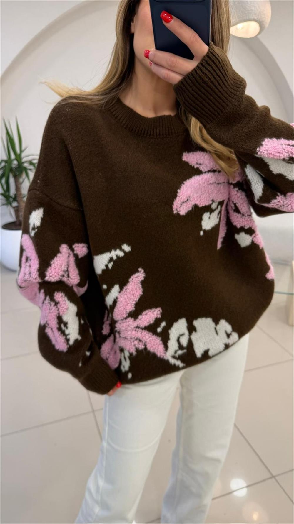 ÇİÇEK DESENLİ SÜZENELİ KAZAK GRİ