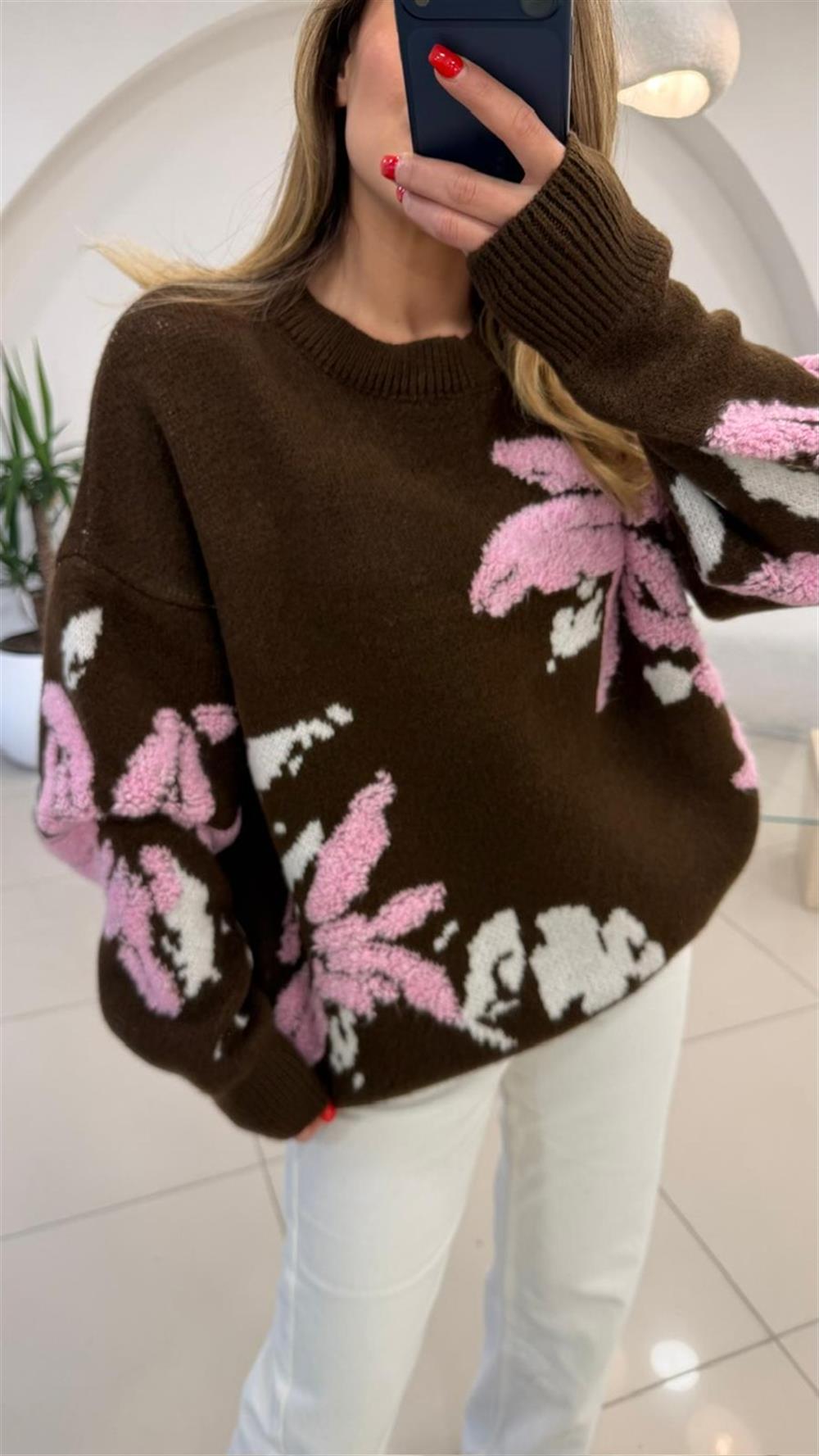 ÇİÇEK DESENLİ SÜZENELİ KAZAK GRİ