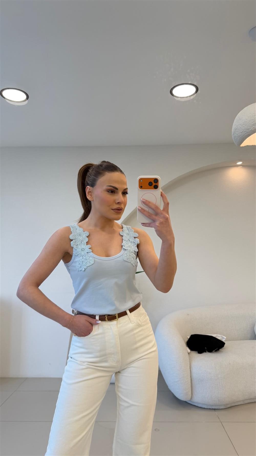 ÇİÇEK İŞLEMELİ ATLET MAVİ