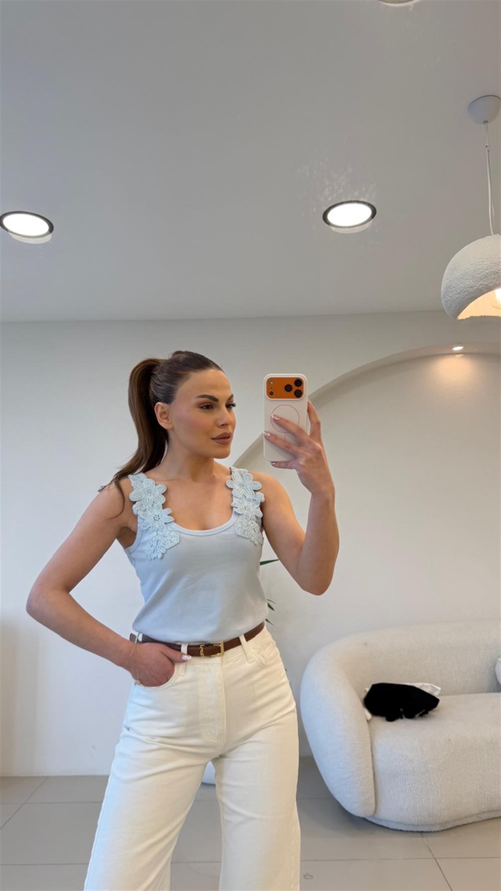 ÇİÇEK İŞLEMELİ ATLET MAVİ