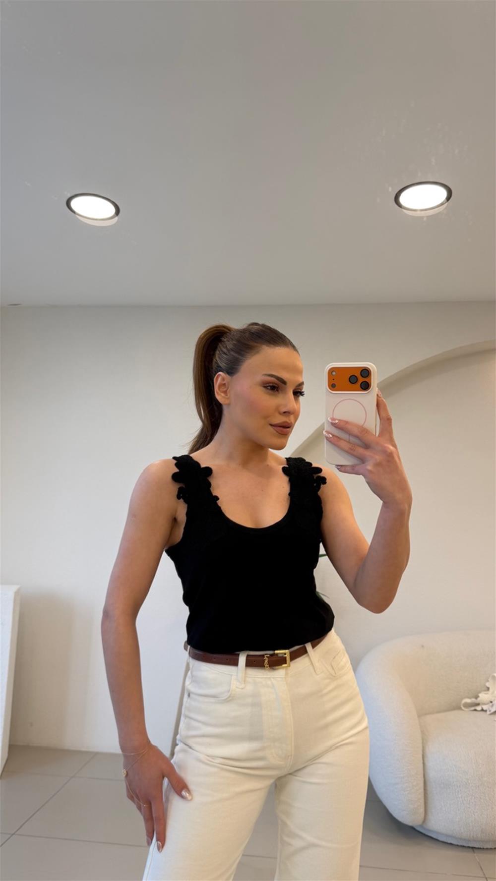 ÇİÇEK İŞLEMELİ ATLET SİYAH