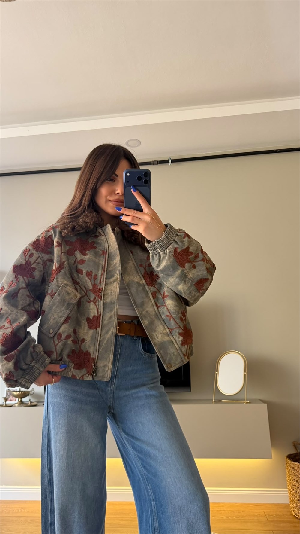 Çiçek İşlemeli Kürk Yakalı Denim Bomber Ceket Gri