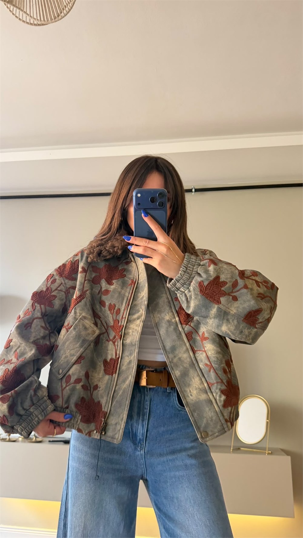 Çiçek İşlemeli Kürk Yakalı Denim Bomber Ceket Gri