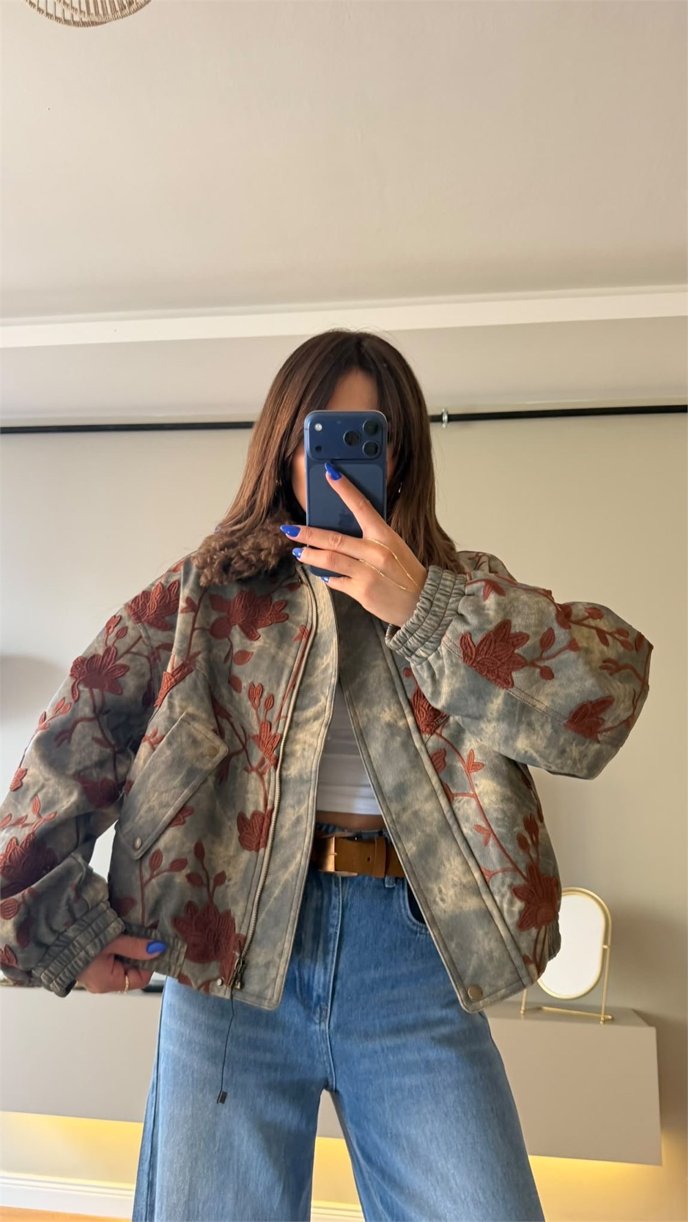 Çiçek İşlemeli Kürk Yakalı Denim Bomber Ceket Gri
