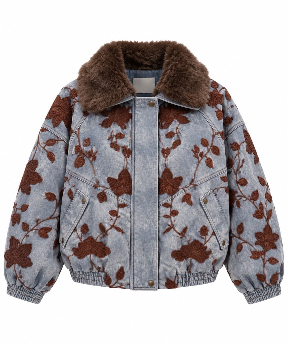 Çiçek İşlemeli Kürk Yakalı Denim Bomber Ceket Mavi