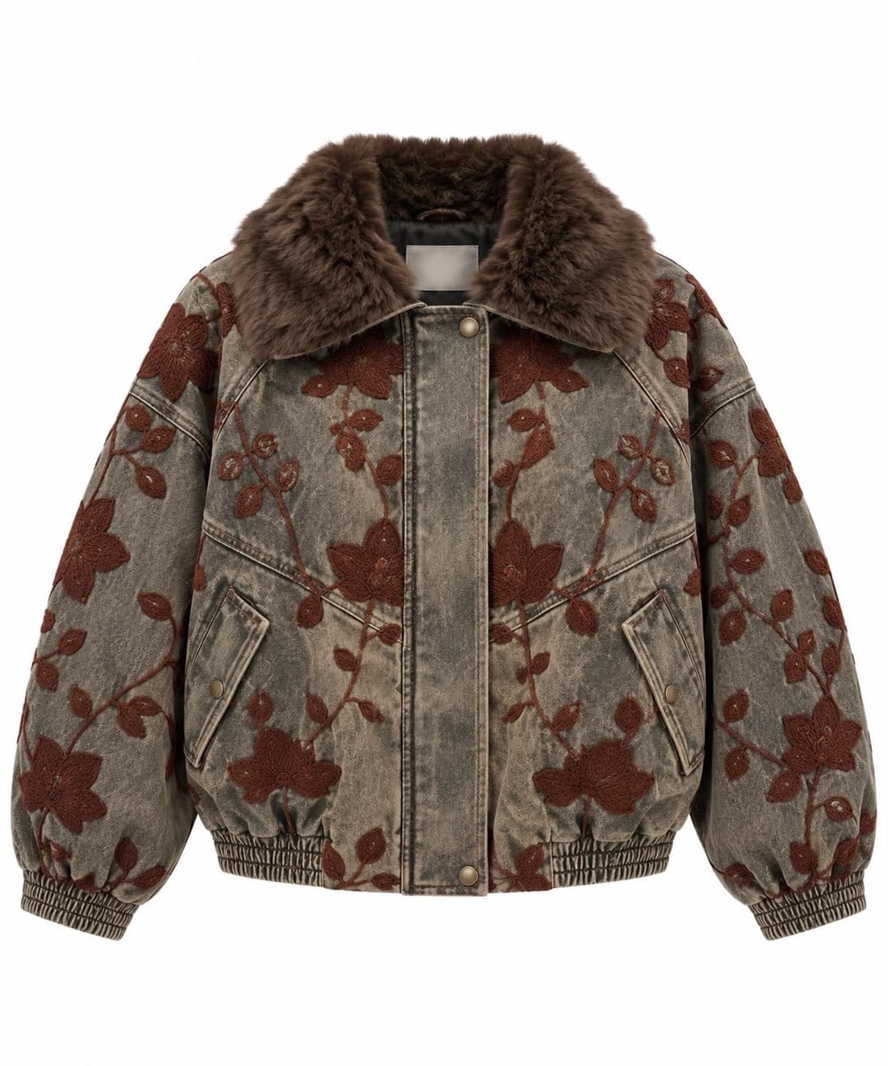 Çiçek İşlemeli Kürk Yakalı Denim Bomber Ceket Gri