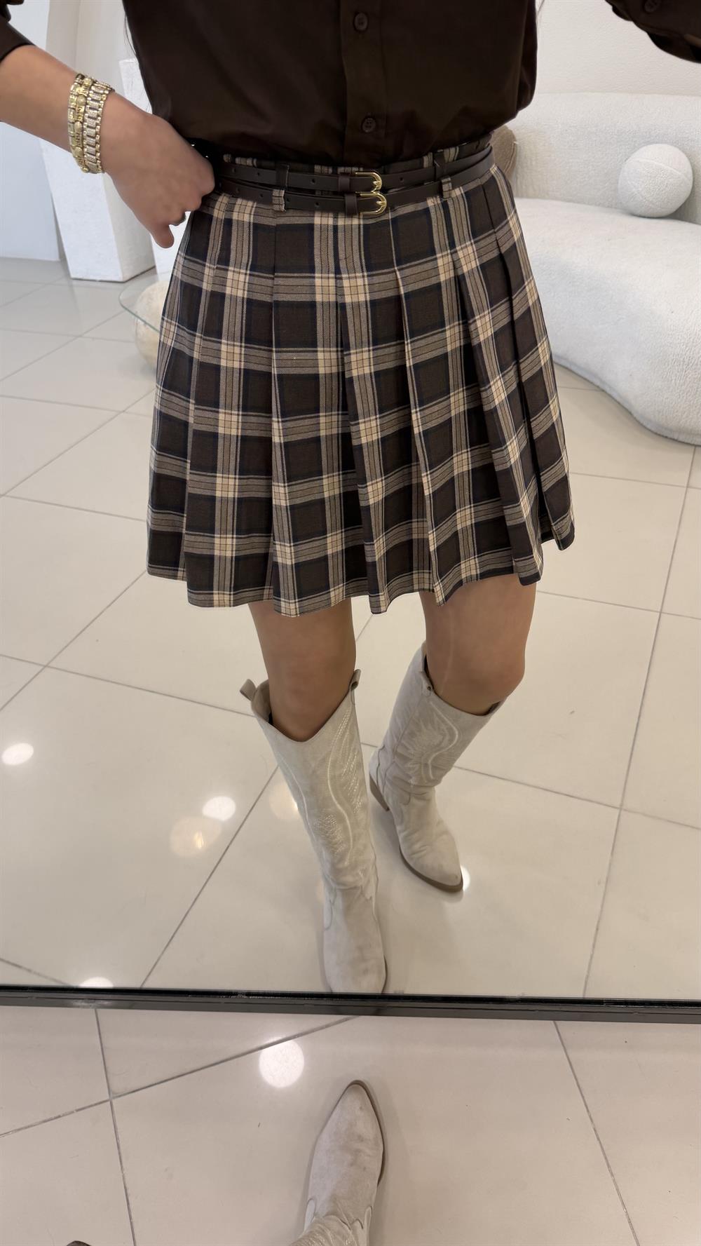 ÇİFT KEMER EKOSE PİLELİ ŞORT ETEK