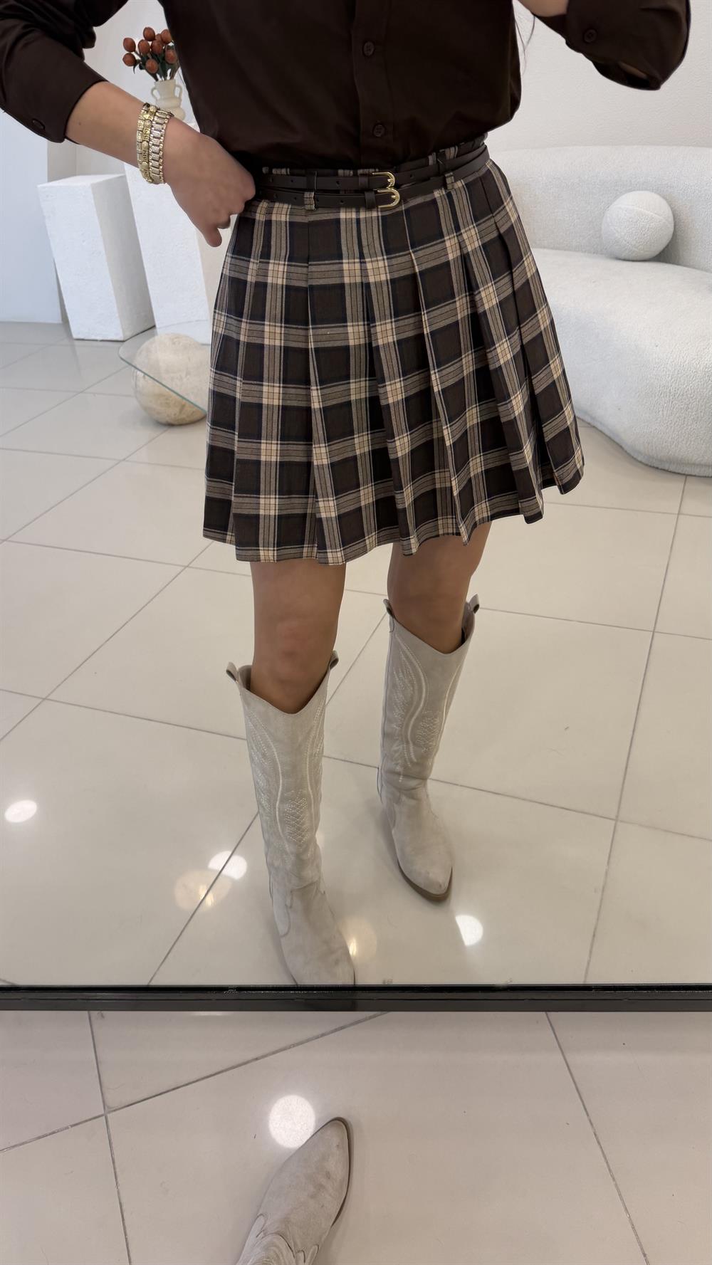 ÇİFT KEMER EKOSE PİLELİ ŞORT ETEK