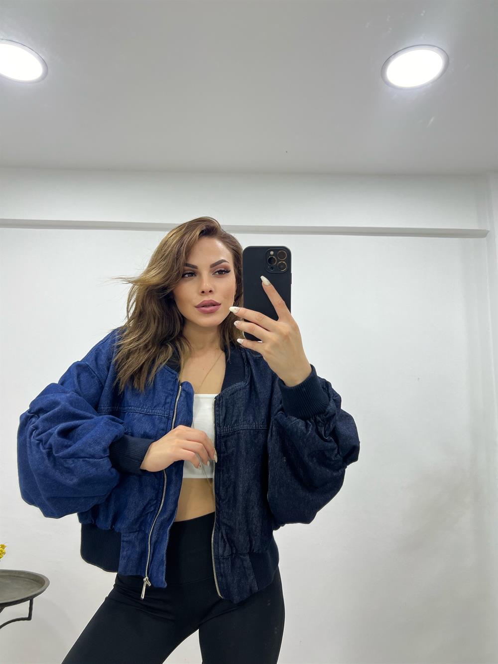 Çi̇ft Renk Fermuarli Deni̇m Bomber Ceket