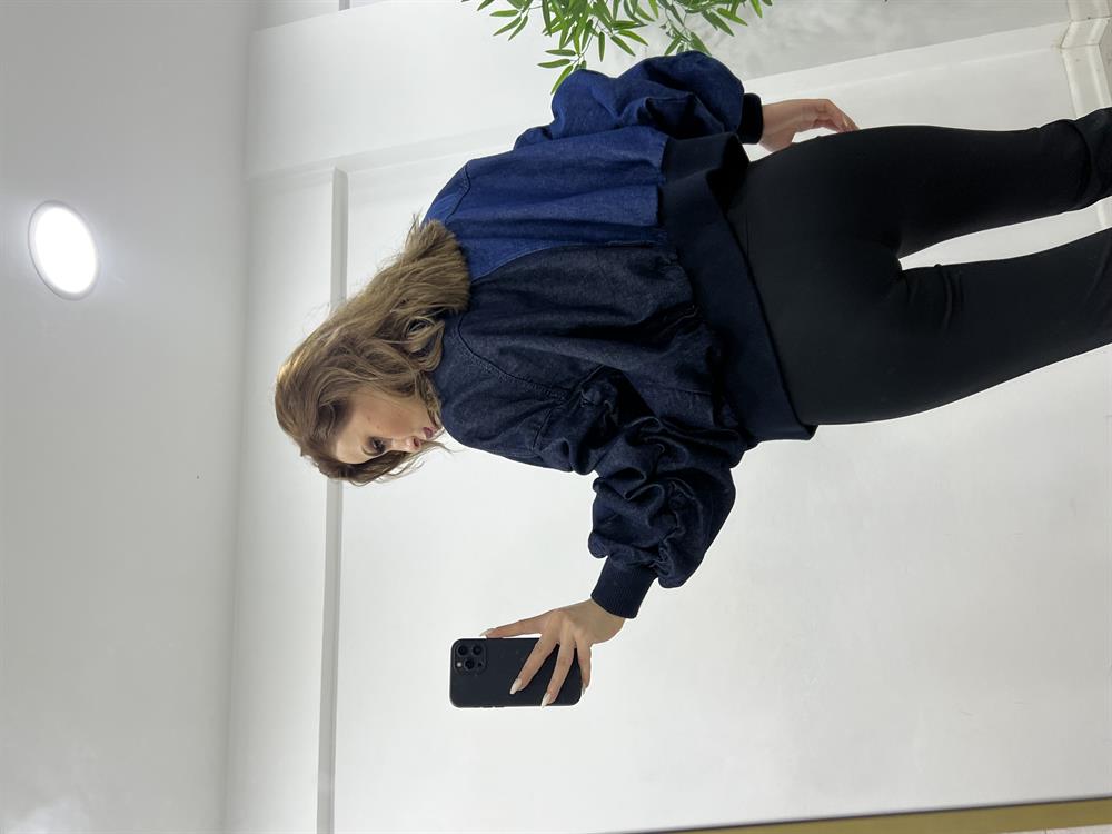 Çi̇ft Renk Fermuarli Deni̇m Bomber Ceket