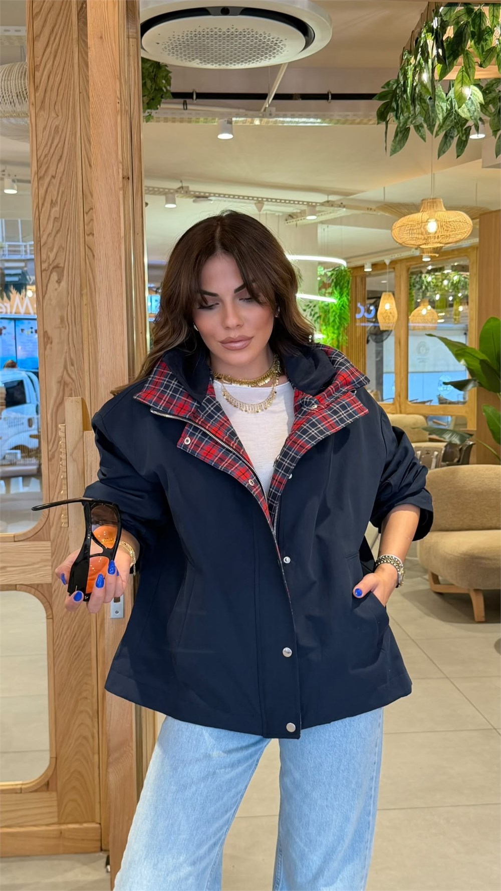 Çift Yakalı Ekose ve Astar Detaylı Mont Lacivert