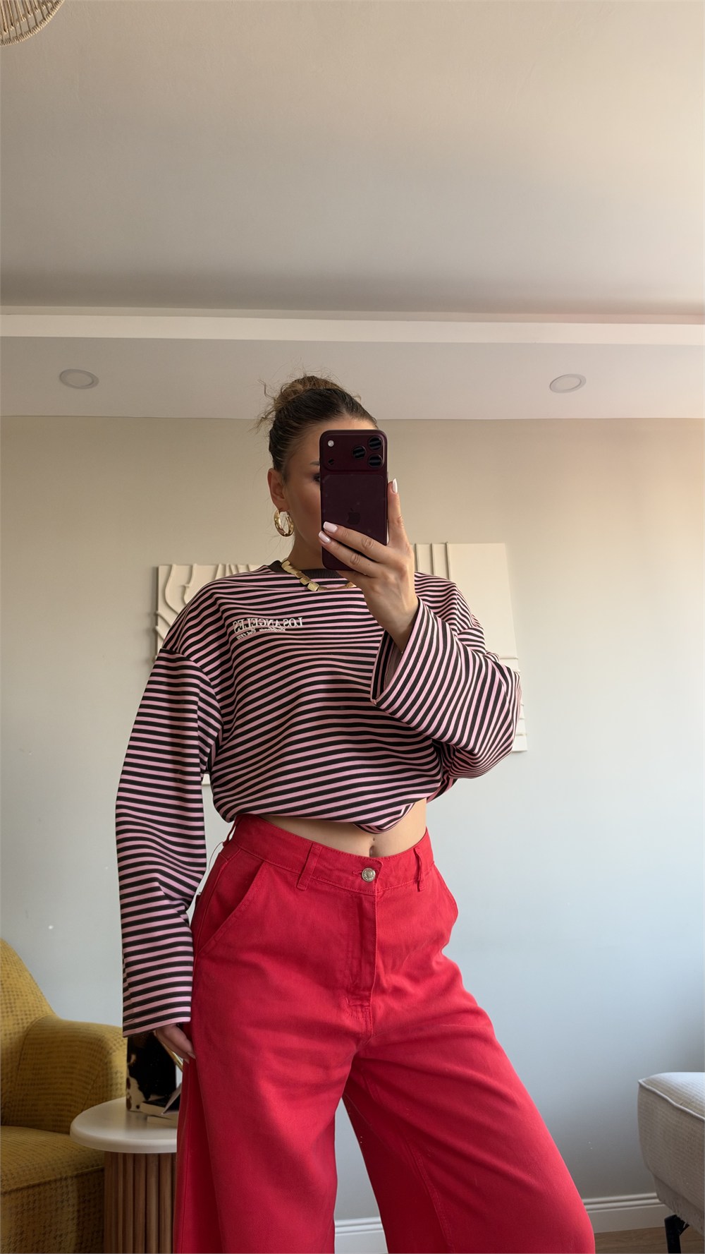 Çizgili Basic  Sweat Los 75 Pembe