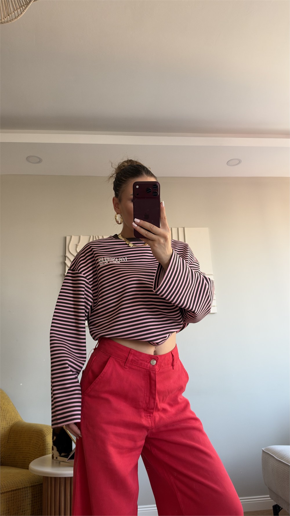 Çizgili Basic  Sweat Los 75 Pembe