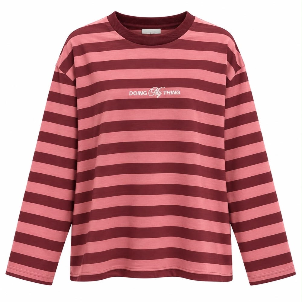 Çizgili Basic Sweatshırt Bordolu