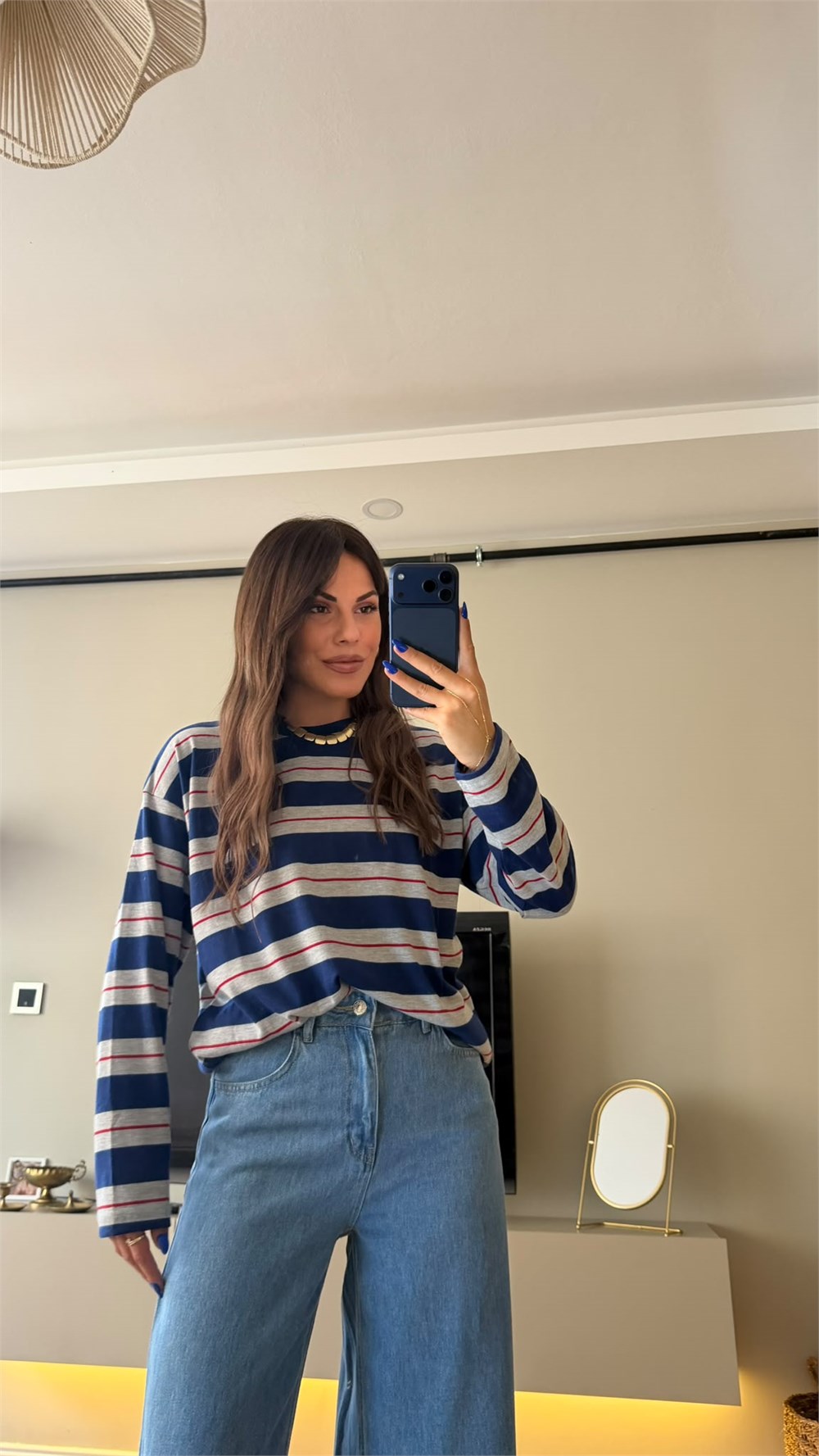 Çizgili Bisiklet Yaka Oversize Sweatshirt Lacivert