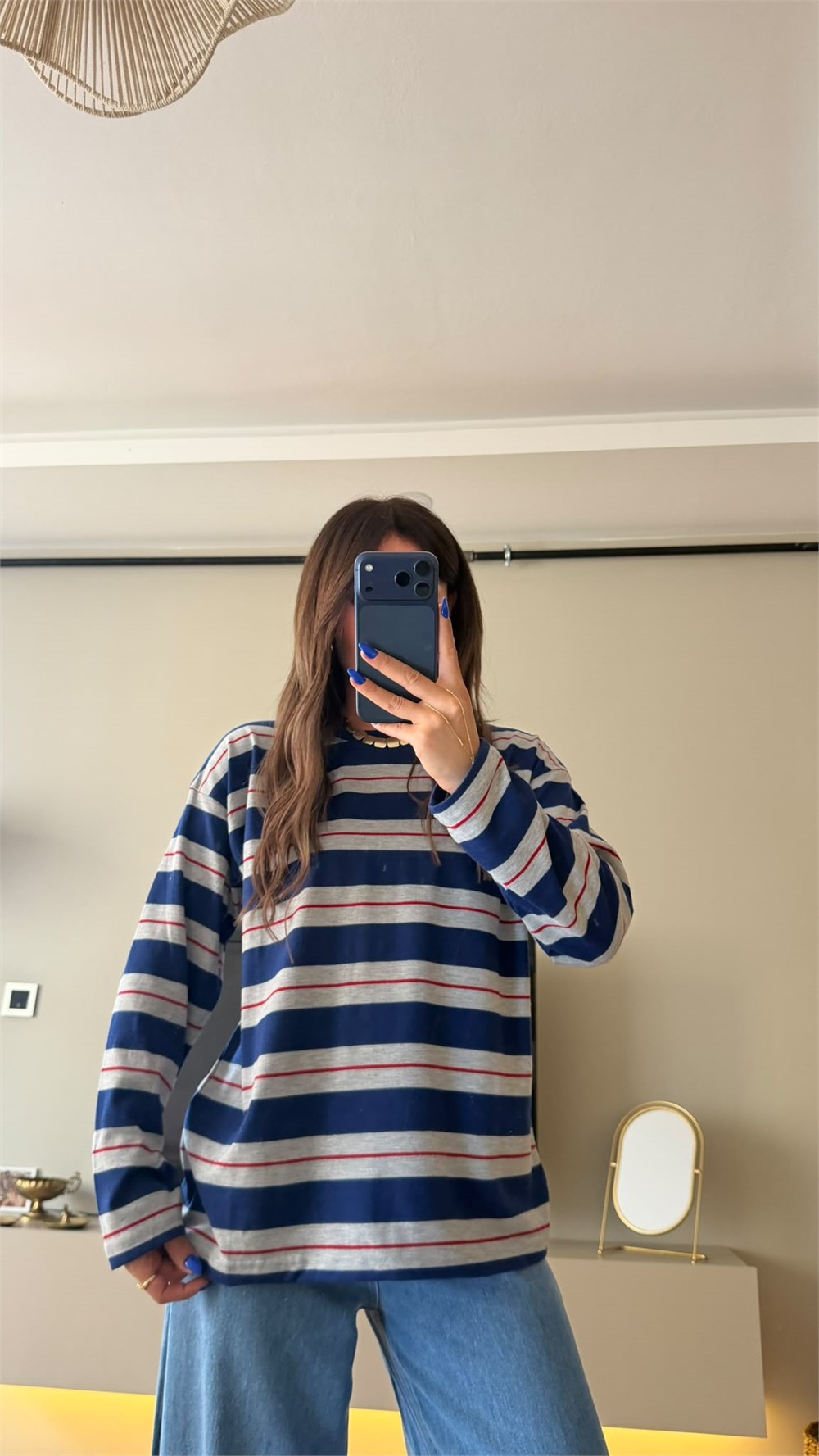 Çizgili Bisiklet Yaka Oversize Sweatshirt Lacivert
