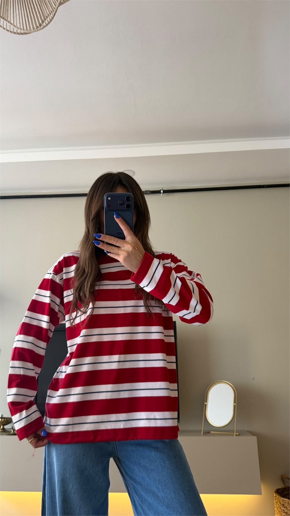 Çizgili Bisiklet Yaka Oversize Sweatshirt Kırmızı
