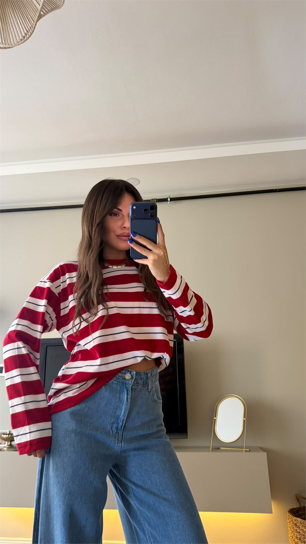 Çizgili Bisiklet Yaka Oversize Sweatshirt Kırmızı
