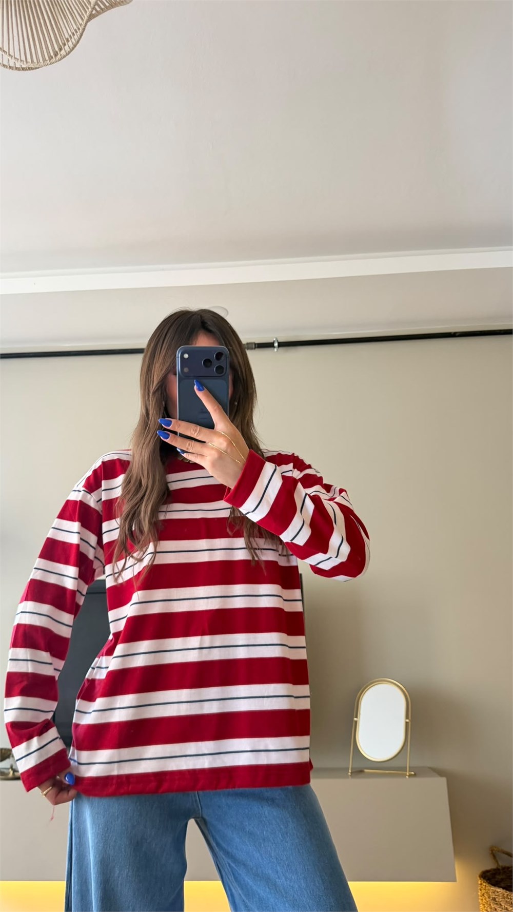 Çizgili Bisiklet Yaka Oversize Sweatshirt Kırmızı