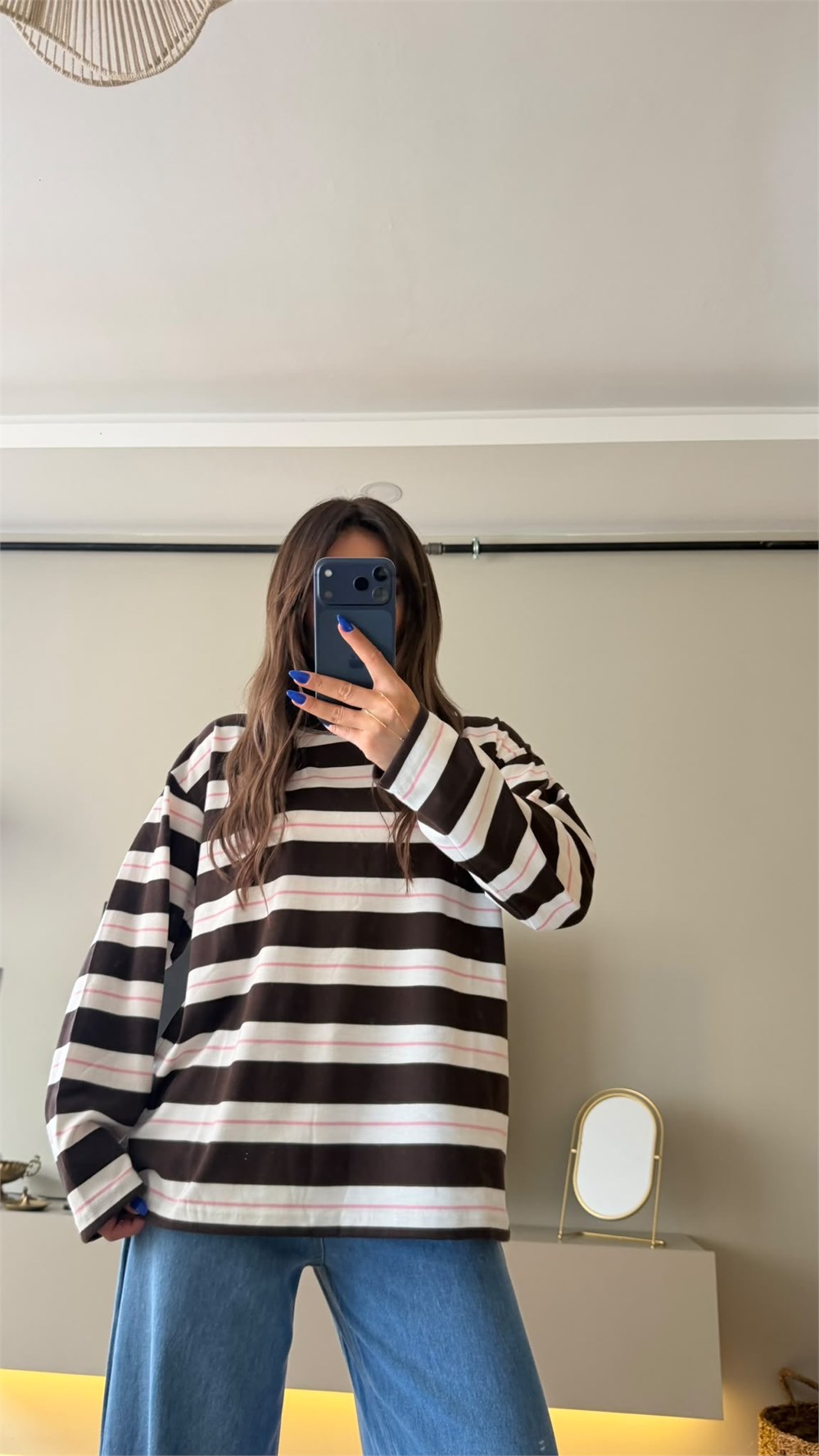 Çizgili Bisiklet Yaka Oversize Sweatshirt Kahve