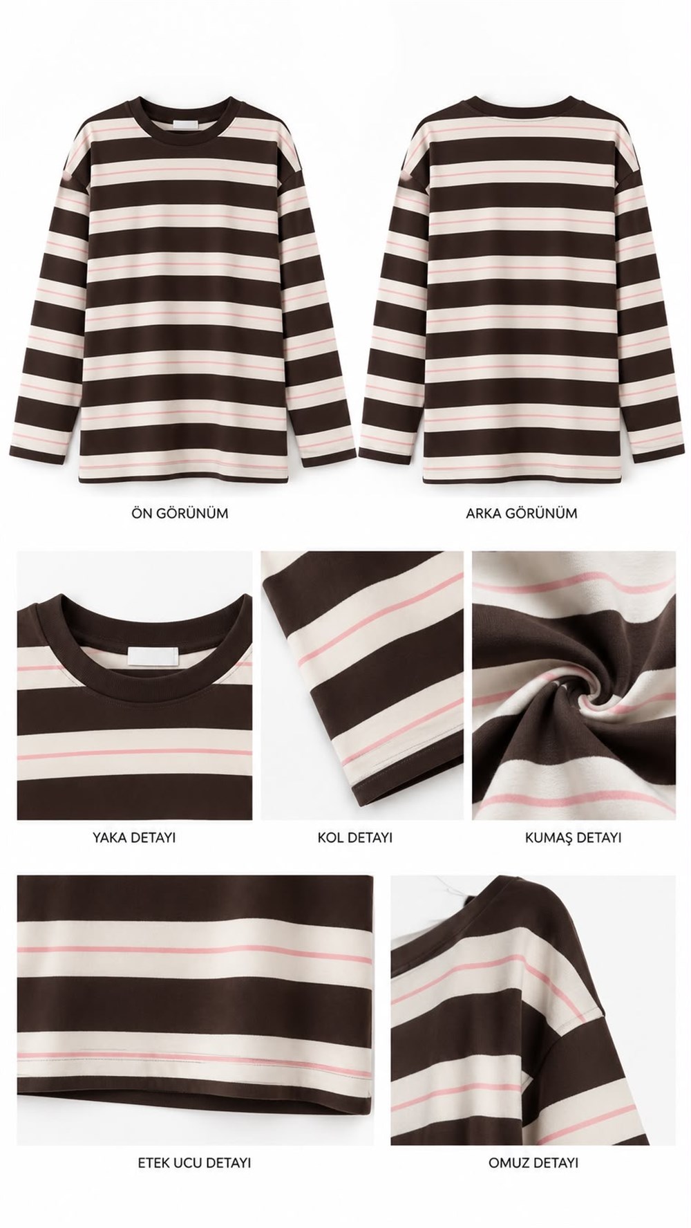 Çizgili Bisiklet Yaka Oversize Sweatshirt Kahve