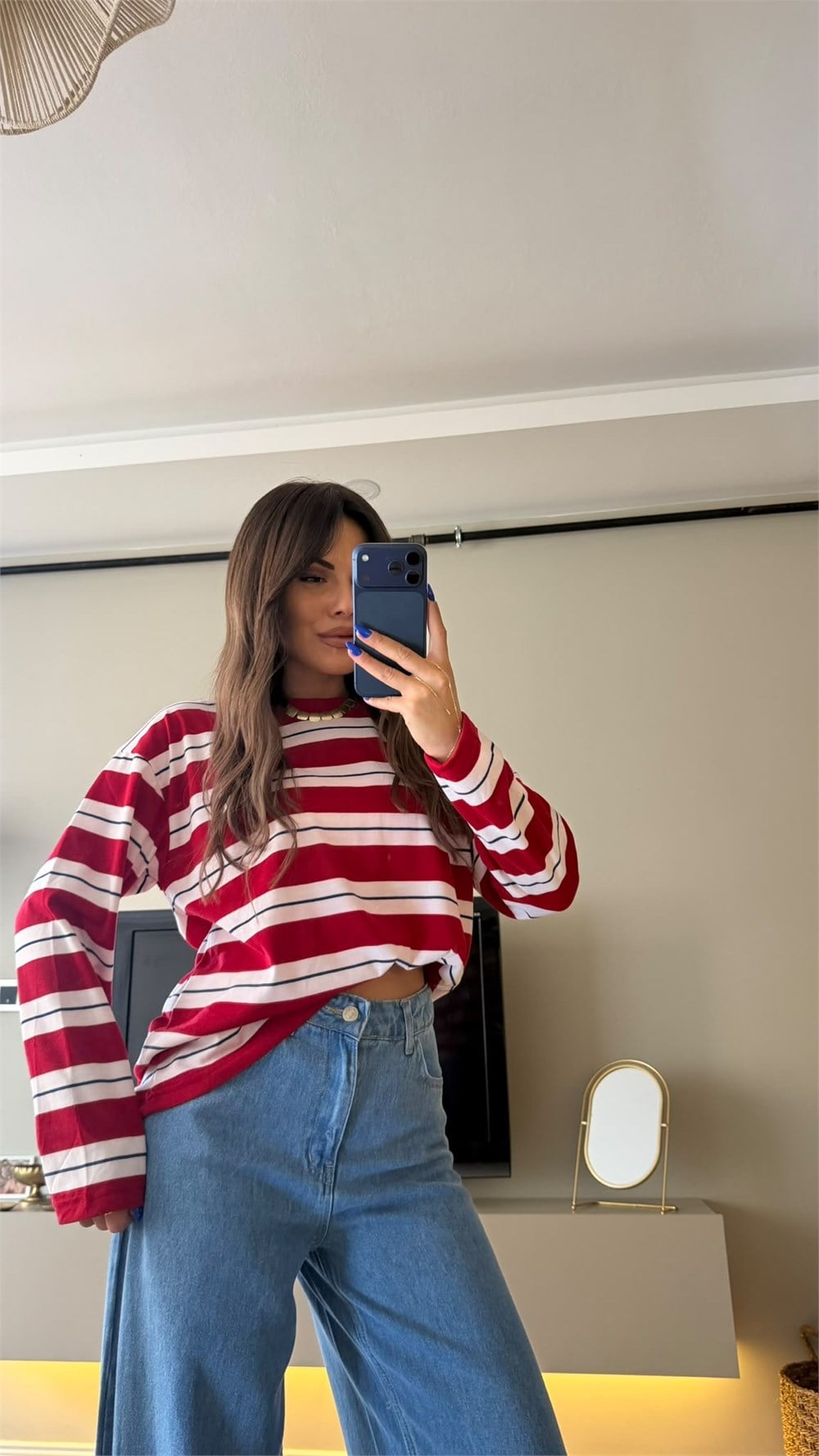 Çizgili Bisiklet Yaka Oversize Sweatshirt Kırmızı