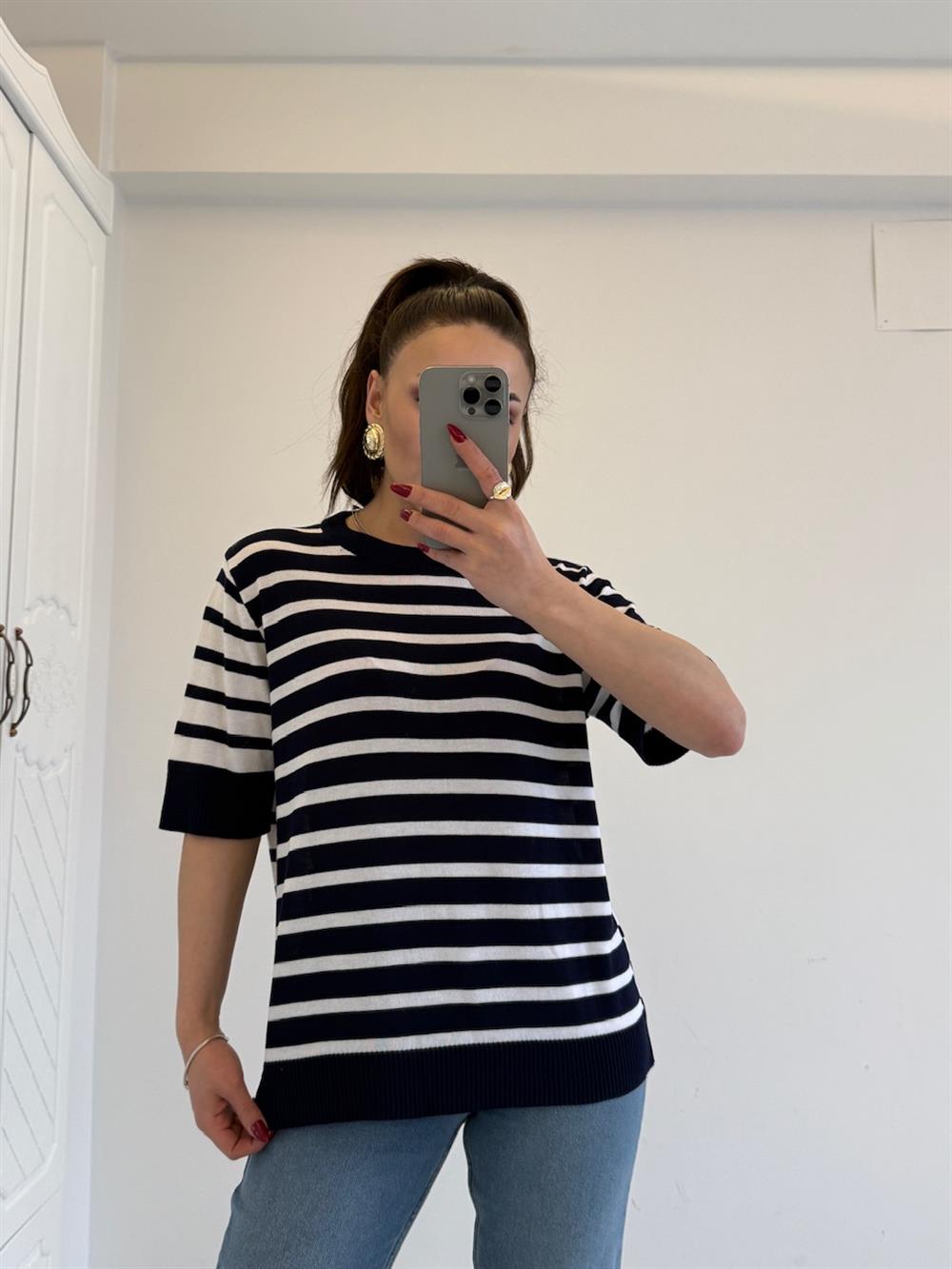 ÇİZGİLİ PAMUK BLUZ LACİVERT