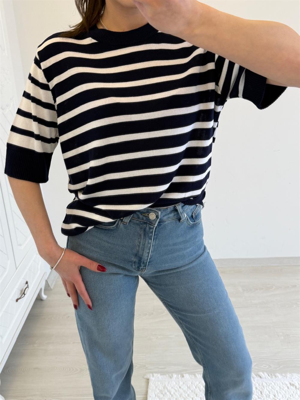 ÇİZGİLİ PAMUK BLUZ LACİVERT