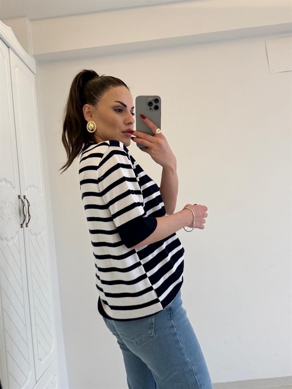 ÇİZGİLİ PAMUK BLUZ LACİVERT