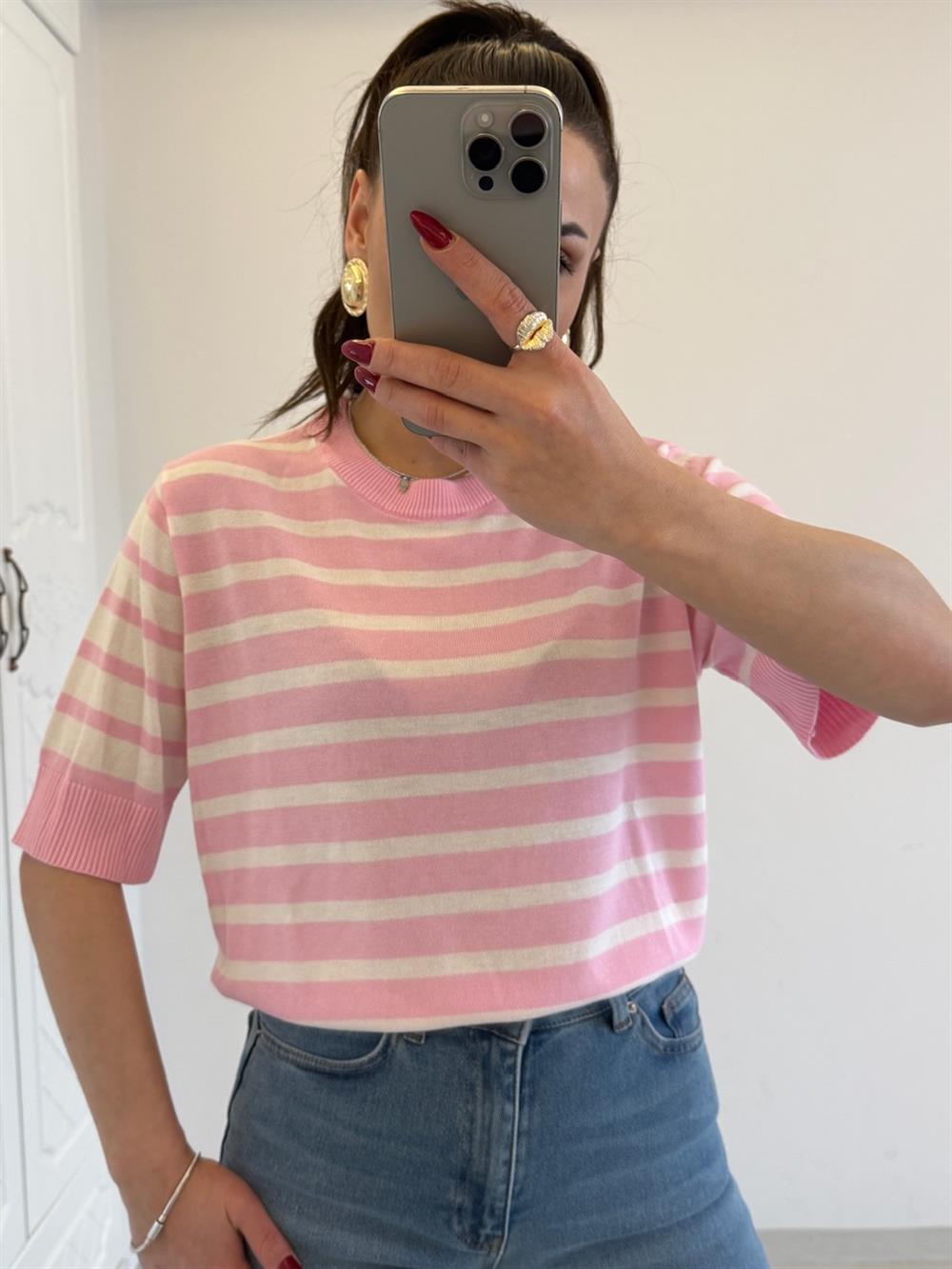 ÇİZGİLİ PAMUK BLUZ PEMBE