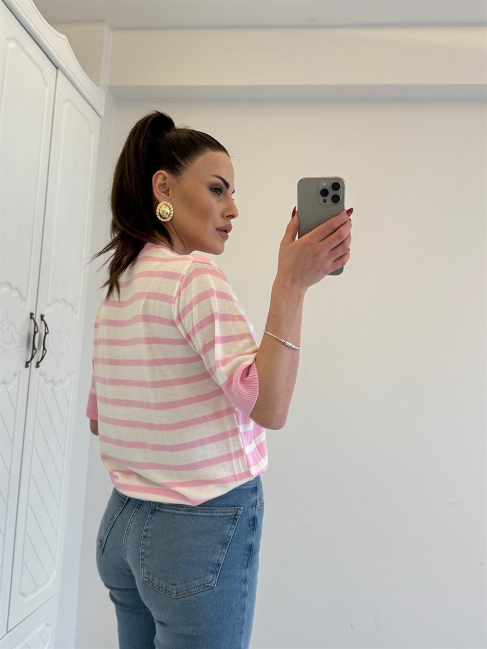 ÇİZGİLİ PAMUK BLUZ PEMBE