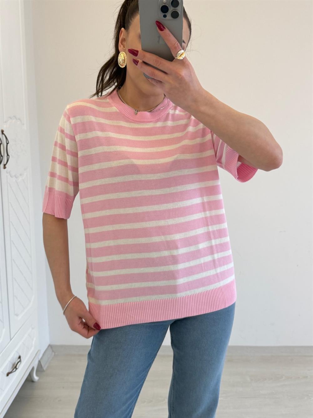 ÇİZGİLİ PAMUK BLUZ PEMBE