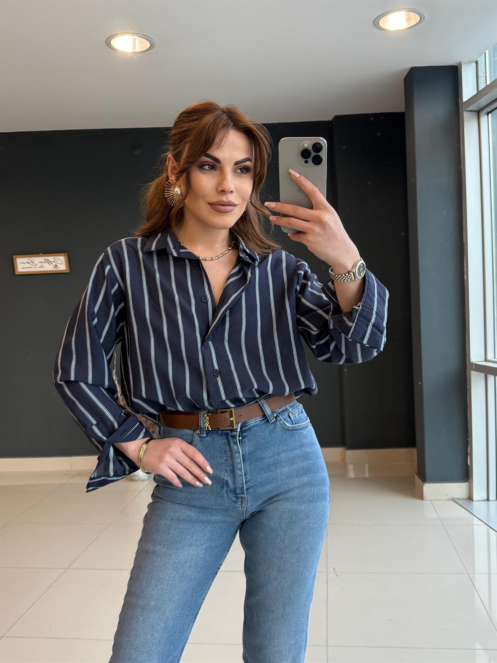 Çi̇zgi̇li̇ Premi̇um Seri̇ Gömlek Laci̇vert