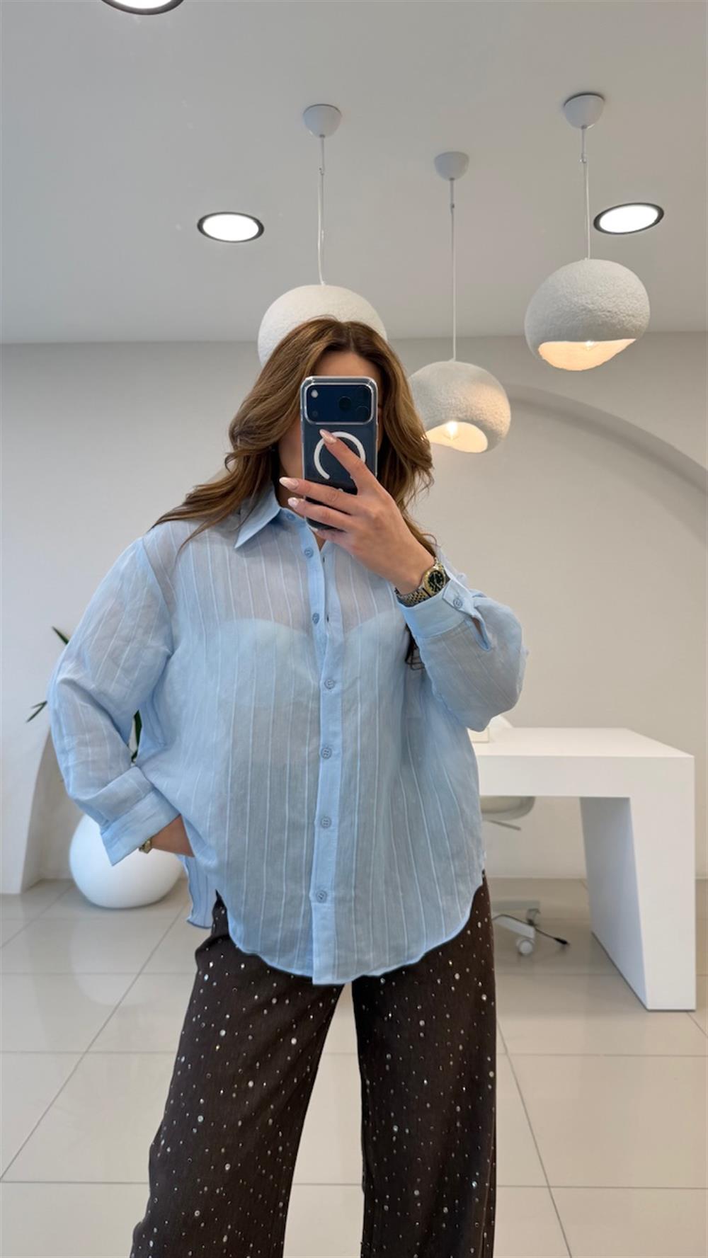 ÇİZGİLİ TÜL GÖMLEK BEBE MAVİ