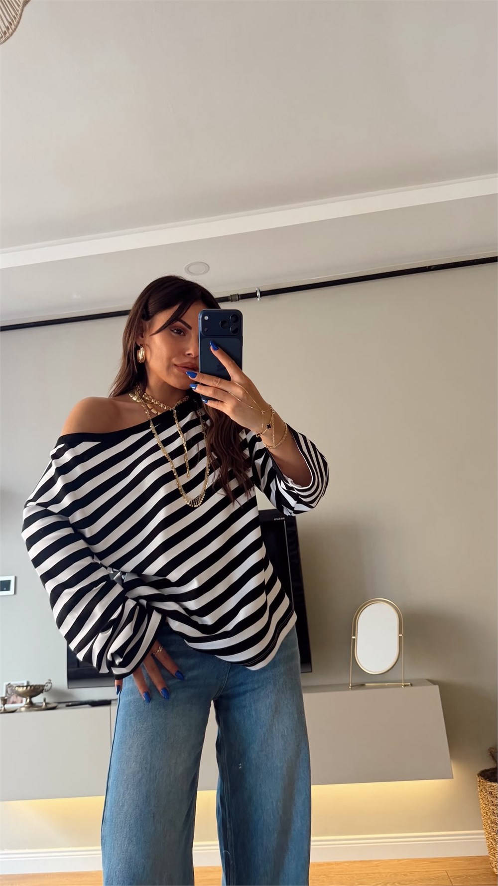 Çizgili Uzun Kol Kayık Yaka Oversize Tshırt Siyah-Beyaz