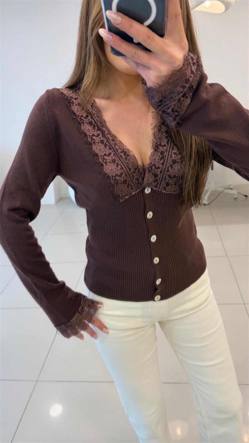 DANTEL DETAYLI HIRKA TRİKO KAHVE