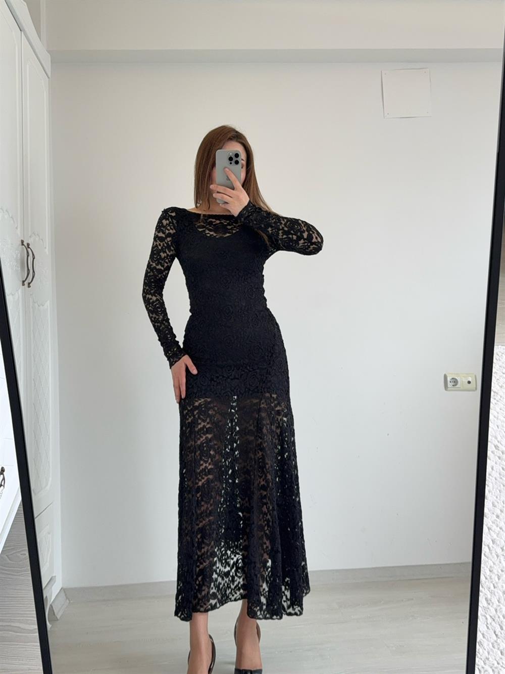 DANTELLİ TASARIM ASTARLI ELBİSE