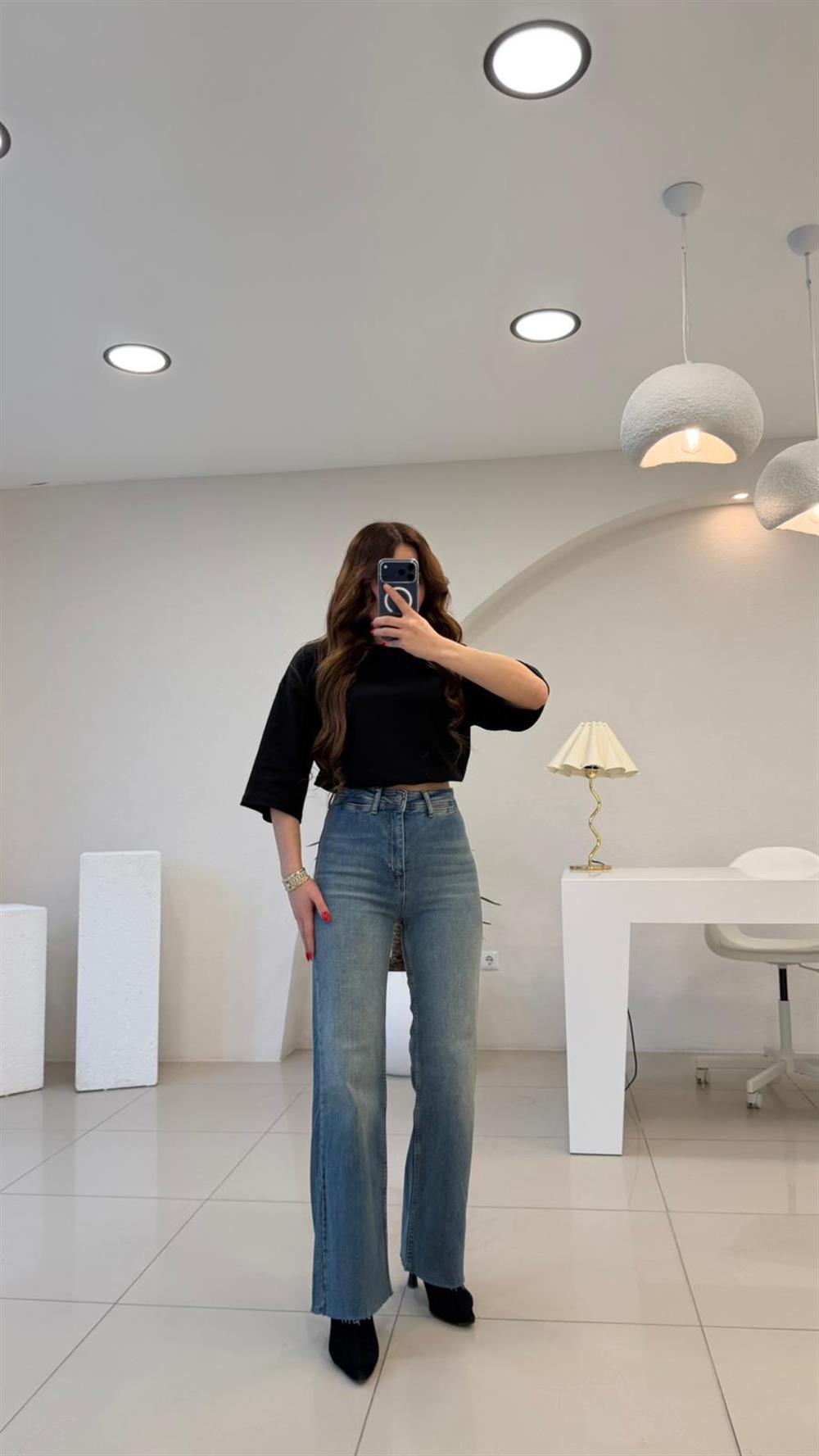 DEKORATİF CEP DETAYLI PALAZZO JEAN TİNTLİ MAVİ 