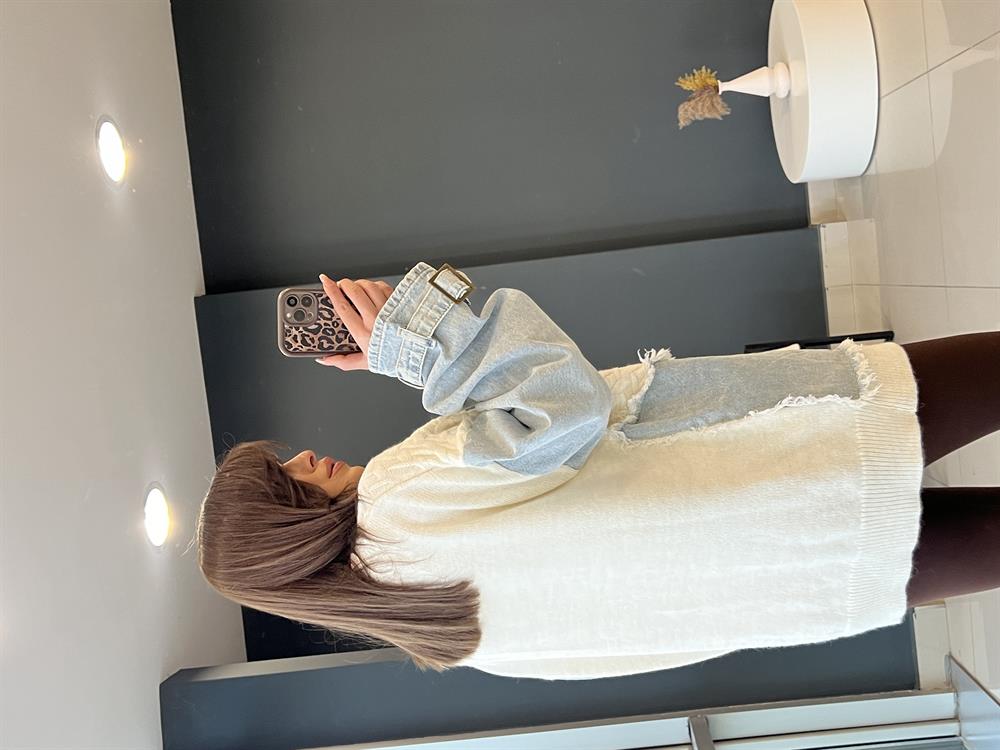 Deni̇m Detayli Twi̇st Model Örgü Hirka